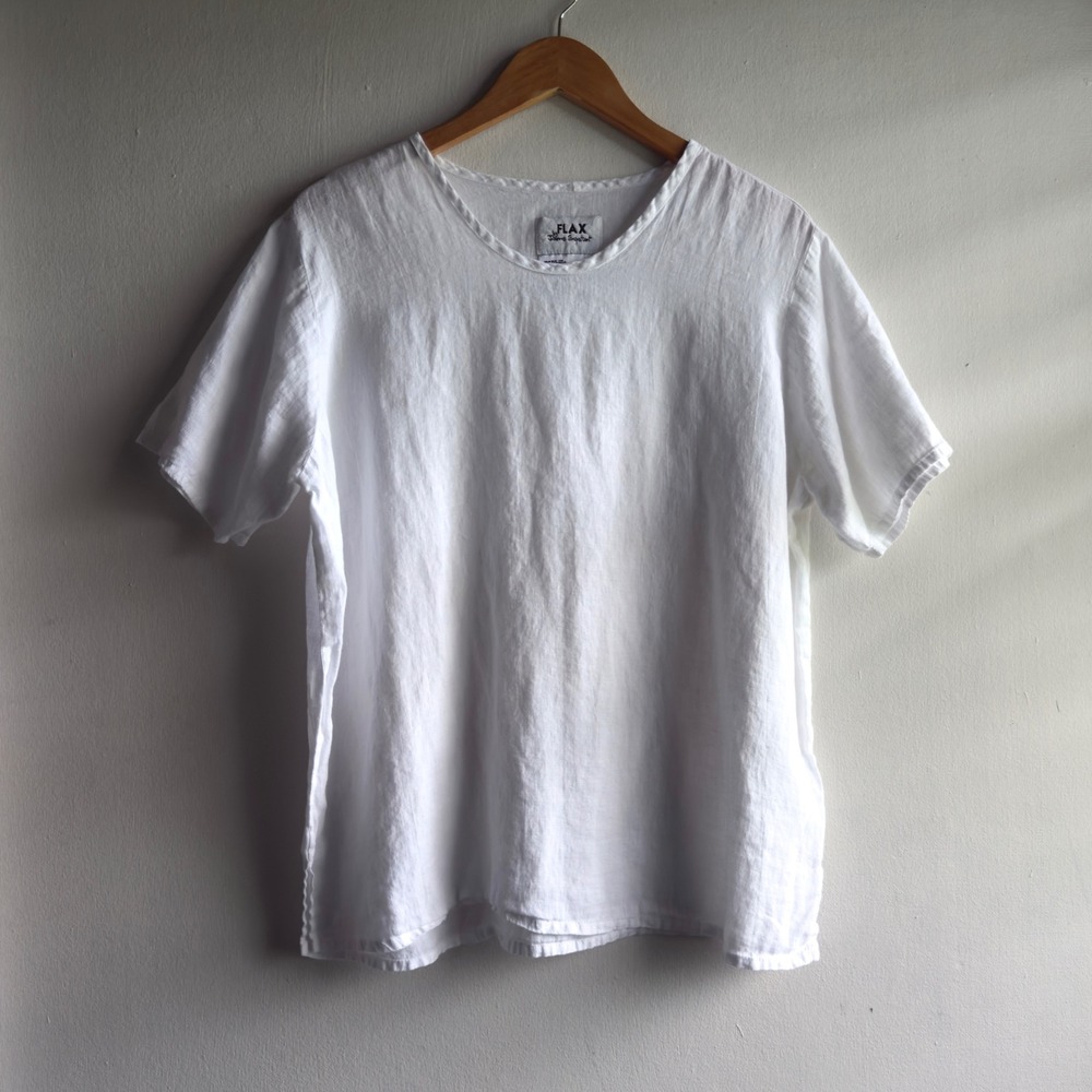 FLAX Jeanne Engelhart 100% Linen Short Sleeve Top Women M White Coastal Boho